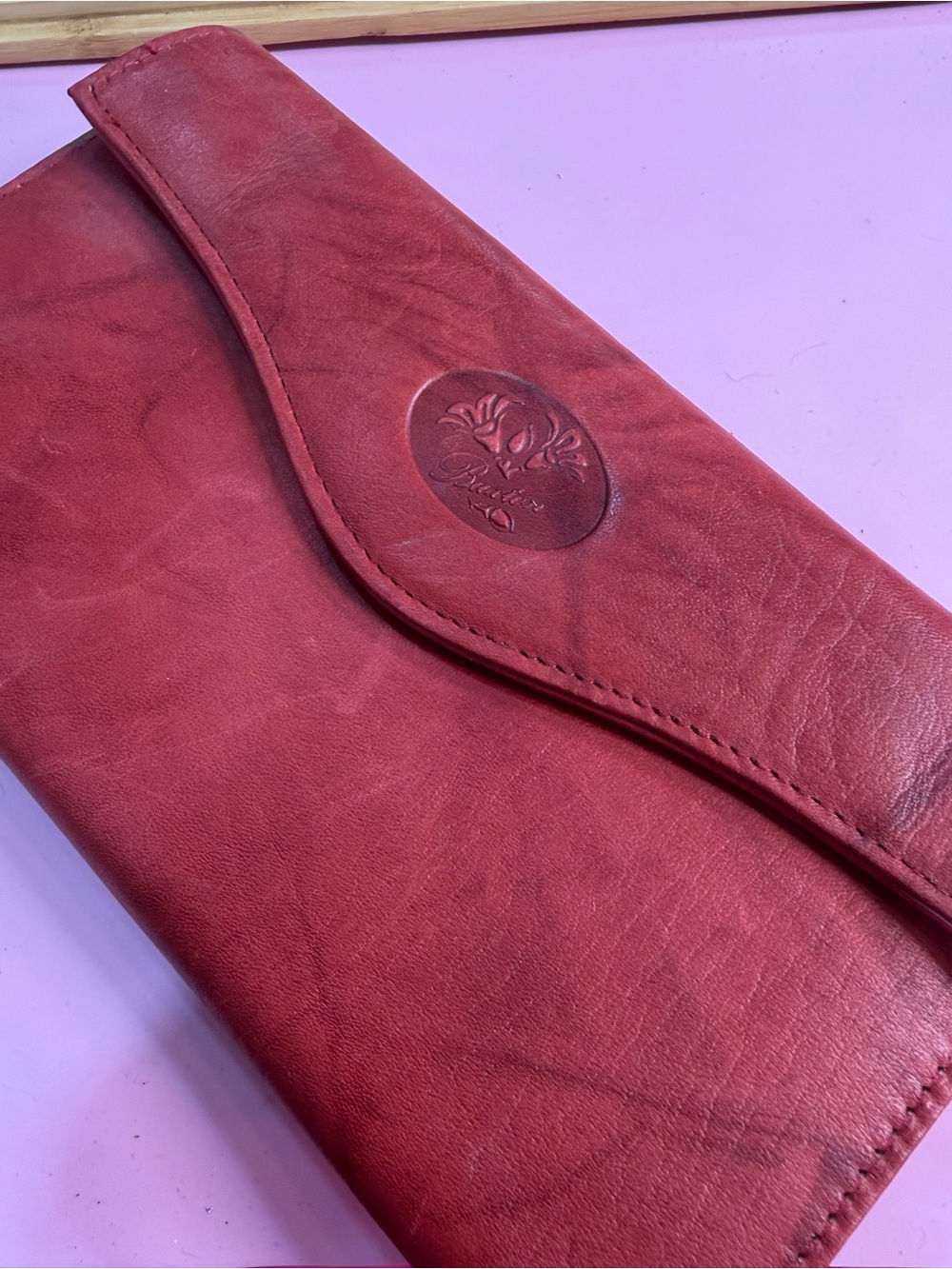 Embossed Leather Foldover Wallet Clutch in Red